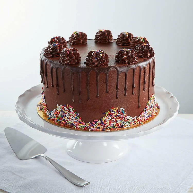 Chocolate drip cake with sprinkles on stand