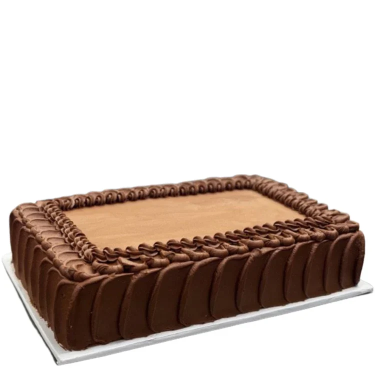 Rectangular chocolate sheet cake with piped border