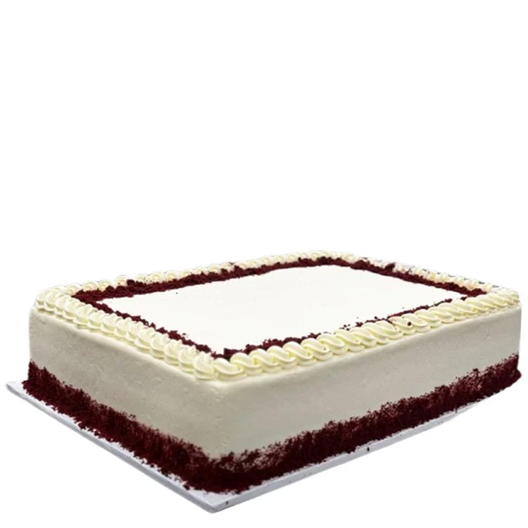 Rectangular red velvet sheet cake with frosting
