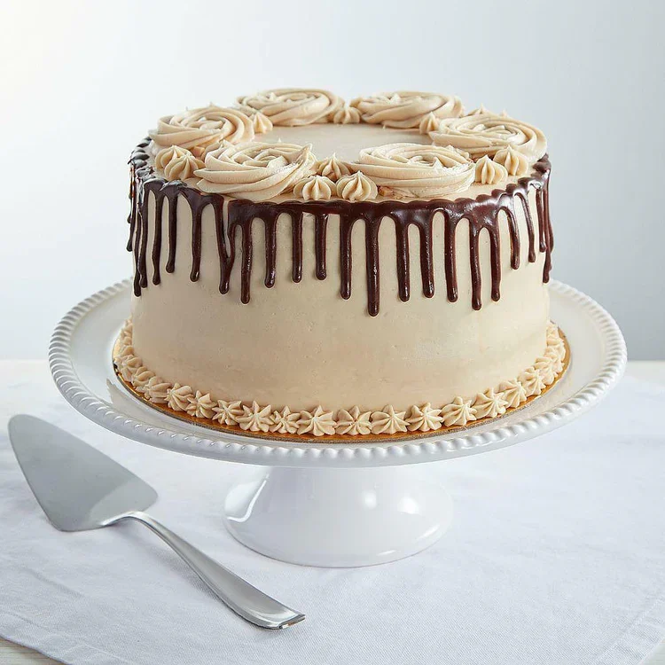 Chocolate drip frosted layer cake on stand