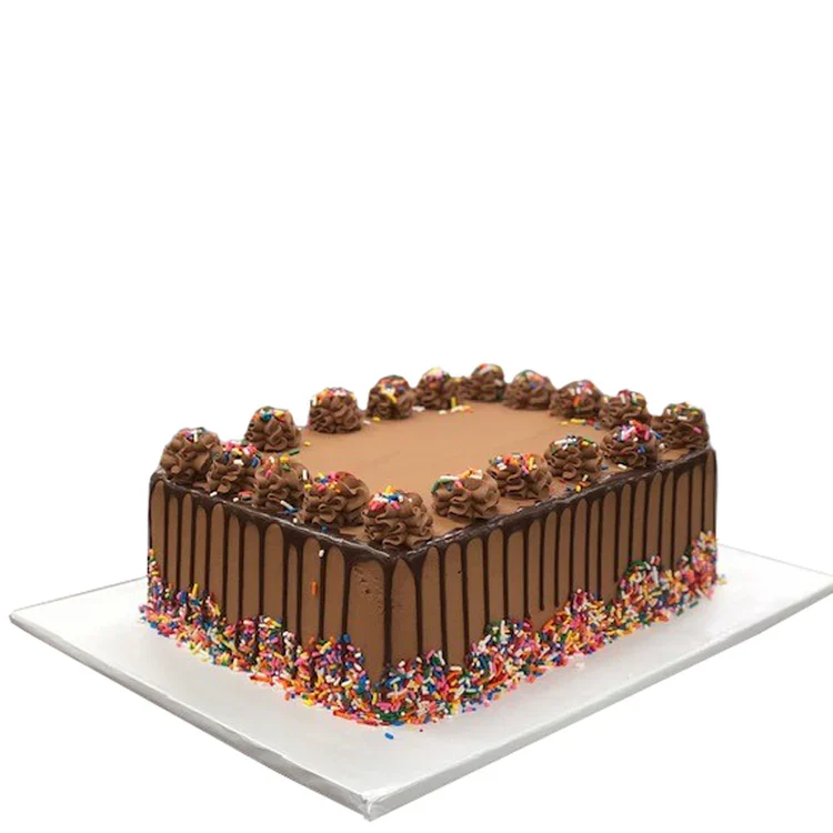 Square chocolate drip cake with colorful sprinkles